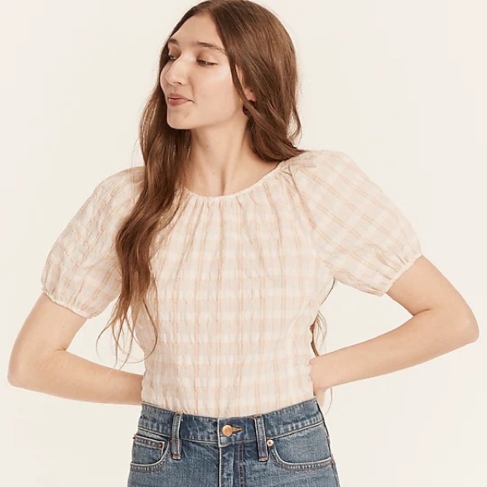 NWT J. Crew V-Back Puff-Sleeve Top Textured Plaid Ivory Sandy Beach, Size 14